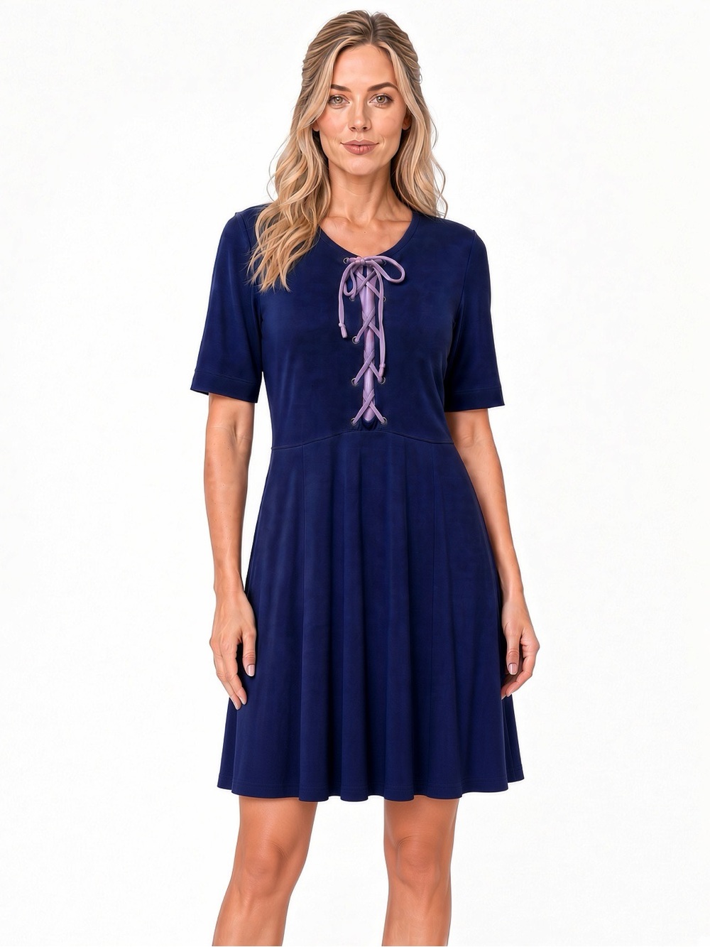 Maeve Anthropologie Navy Lilac Lace-Up Fit & Flare Dress L